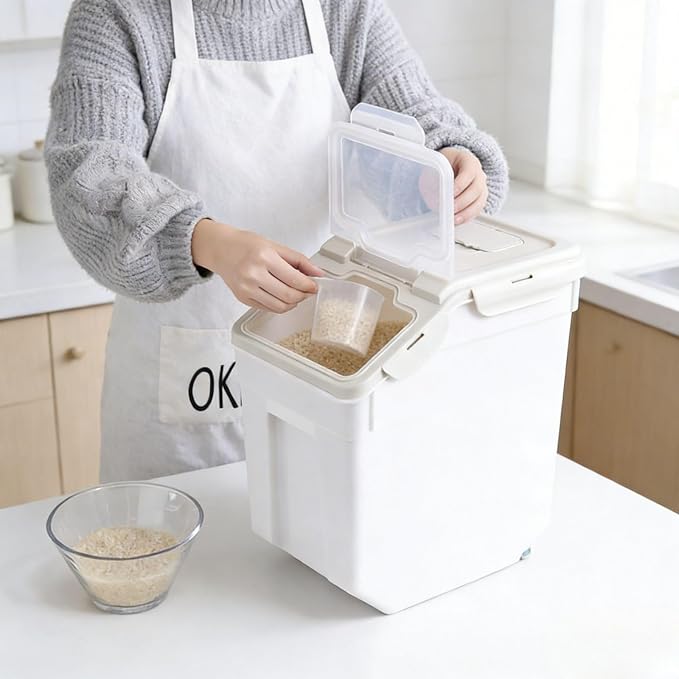 Saim 2 Pack 50lb Flour & Rice Storage Container Bin, Rice Dispenser (Grey) | BPA free plastic with seal lid, rolling wheels and measuring scoop for rice, flour, cereal and grain one-hand scooping