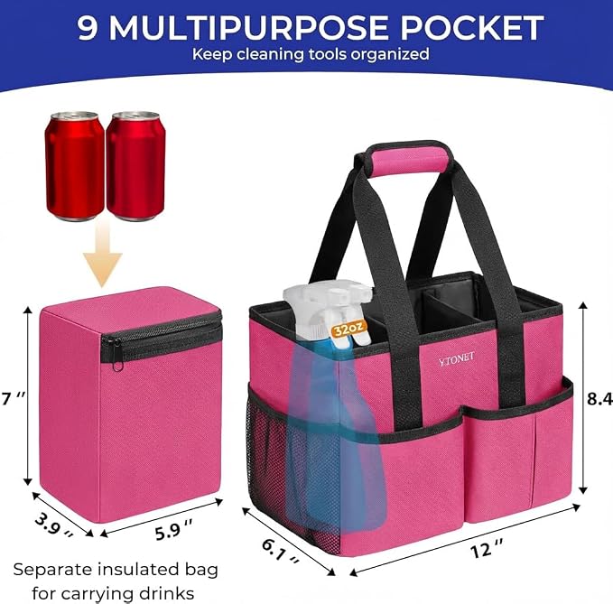 Ytonet Portable Cleaning Caddy with Handle, Water Resistant Cleaning Bag | with Handle & Foldable Divider for Cleaners, Housekeeping Tote for Kitchen & Bathroom, Car Tool Caddy Organizer Bag, Rosered