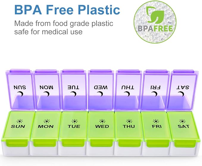DANYING Extra Large Pill Organizer 2 Times a Day, XL Weekly Pill Box, AM PM Pill Case, Pill Container 7 Day, Vitamin Case Twice a Day, Green & Purple