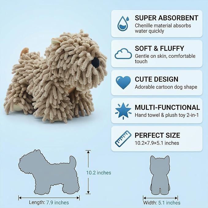 Cute Dog Chenille Hand Towel, 3D Puppy Hangable Fuzzy Ball Hand Towel Microfiber Super Soft Absorbent Bathroom & Kitchen Towels with Hanging Loop, Can Be Placed on the Sink Countertop (Khaki+Pink)