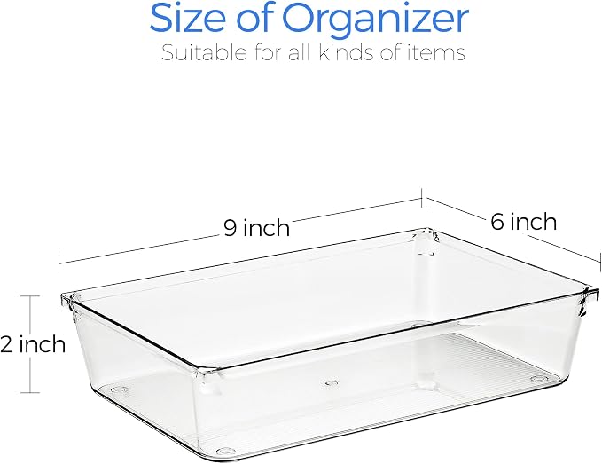 Ravinte 6 Pack Drawer Organizer, 6" x 9" Plastic Storage Bins | Acrylic Tray Design, Non-Slip Pads, For Makeup, Jewelry, Kitchen Utensils, Bathroom, Office Storage