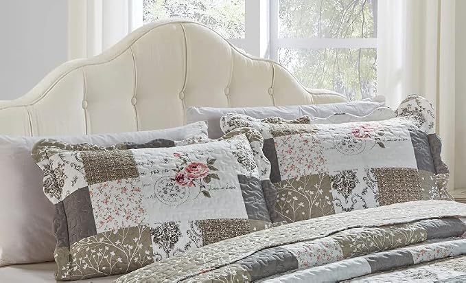 Brilliant Sunshine Pink Roses & Grey Toile Pillowshams Set, 20"x26"+2" | Patchwork Design, Quilted Standard Pillowcases, Washable Scallop Edge Pillow Covers, Pack of 2