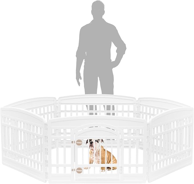 IRIS USA 6-Panel Dog Playpen, Pet Enclosure, White | Puppy Training, Custom Pen Configuration, Flexible Boundary, Configurable Layout, Secure Door Latch, Stable Non-Tip Base