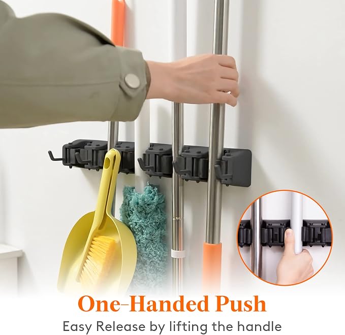 Lifewit Mop and Broom Holder Organizer Wall Hanging Mount, Black, 2 Pack | Anti-Slip Broom Storage for Cleaning Organizer, Easy Install Tool Hanging Rack with 5 slots & 6 hooks for Kitchen, Garage