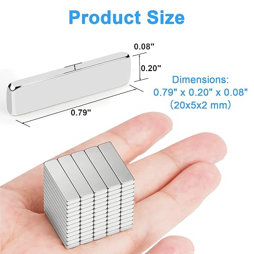 200 Pack 20x5x2 mm Rare Earth Neodymium Magnets | Powerful Small Strong Metal Rectangular Bar Magnetic Strip Magnet for Fridge Garage Kitchen Science Craft Office, Silver