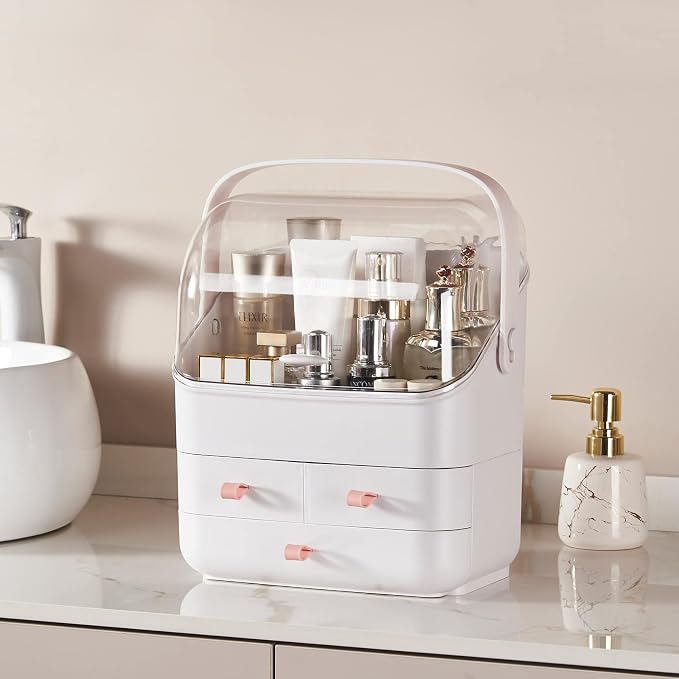 SUNFICON Makeup Organizer Cosmetic Organizer Makeup Storage Holder Box Crystal Clear Lid w Handheld 3 Drawers Dustproof Waterproof for Vanity Bathroom Countertop Birthday