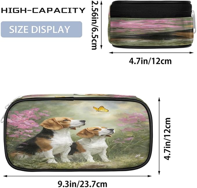 Pencil Case Large Capacity Pencil Bag Two Cute Beagle Dogs Floral Pouch Box Organizer Pen Case, School Supplies for Teen Adult