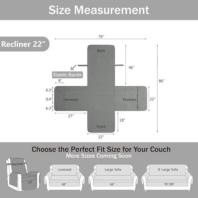 Boho Gray Quilted Recliner Covers, Water-Repellent Recliner Slipcovers, Lazy Boy Chair Covers, Pet Friendly Recliner Cover for Dogs Cats, Washable Furniture Protector (Recliner 22", Gray)