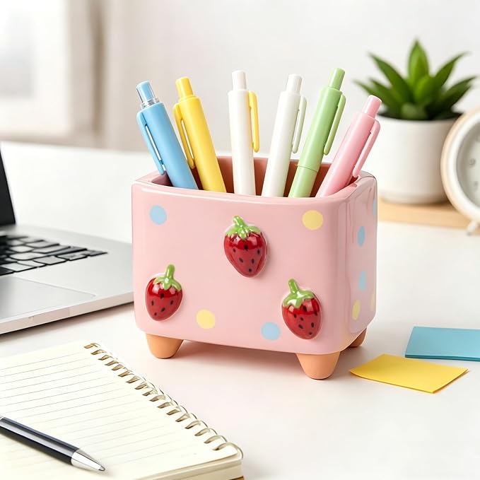 Ceramic Strawberry Pen Pencil Holder Cute Pen Holder for Desk Decoration Accessories Strawberry Decor Office School Ideal Gifts