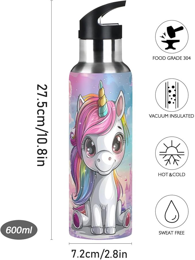 Cute Unicorn Rainbow Castle Water Bottle with Straw Lid Kids Insulated Stainless Steel Water Flask Sports, 20 Oz Hot Cold