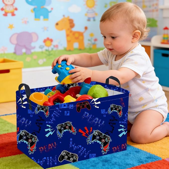 Rectangular Game Basket for Boys,Game Storage Bin,Boy Storage Basket,Collapsible Storage Bin,Gift Organizer, Shelf Baskets,Boy Room Decor(Blue Game)
