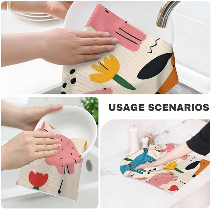 Crayon Dog Waffle Kitchen Dish Cloths Cute Colorful Dogs Ultra Soft Absorbent Quick Drying Dish Towels 16 X 24 Inches Set of 2
