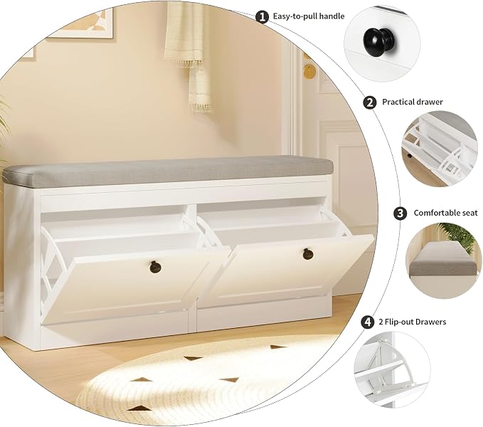 VOWNER Shoe Bench with 2 Flip Drawers, Shoe Organizer Storage Bench with Adjustable Shelves for Entryway, Hallway, Living Room (White)