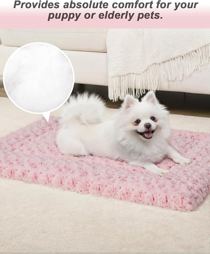 Exsnugy Washable Dog Bed Mat Large Size Fluffy Pet Crate Pad 42x28 XL | Non-Slip Bottom Kennel Beds Ultra Soft Comfy Sleeping Mattress for Large Medium Small Dogs Pink