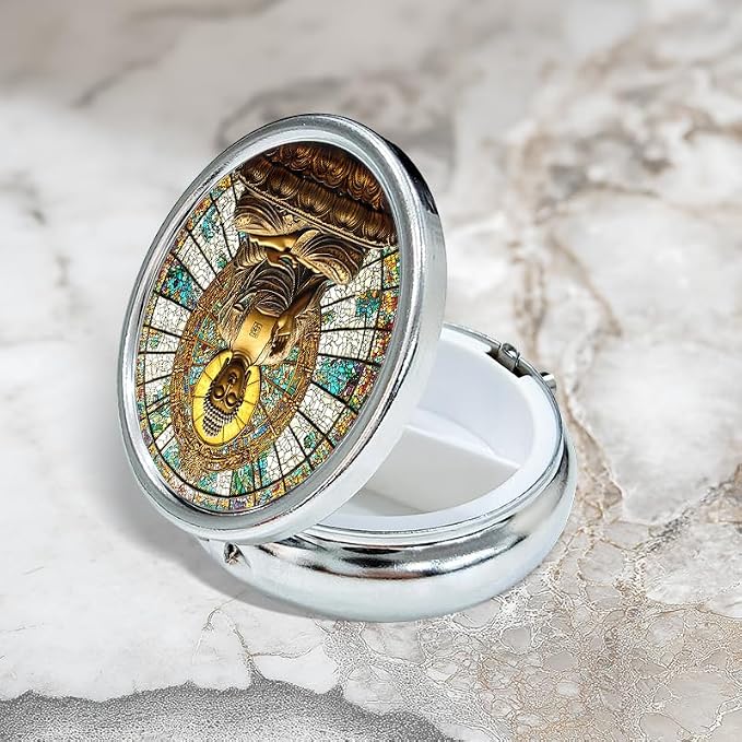 Portable Round 3 Compartment Metal Pill Box Buddha with A Halo Golden Statue Inside Intricate Stained Glass Window for Travel Organizing Medications and Daily Supplements