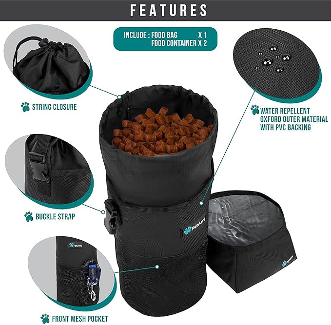 PetAmi Travel Dog Food Bag with 2 Collapsible Bowls Waterproof Dog Kibble Storage & Foldable Food Water Bowls for Dogs & Cats, Hiking & Camping (Black, Grey)