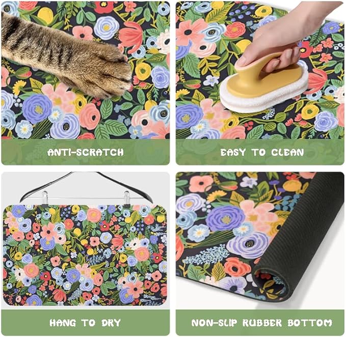 Dog Food Mats for Floors Waterproof, Pet Water Bowl Mats Pet Feeding Absorbent Placemats Flower 12 * 20 inch