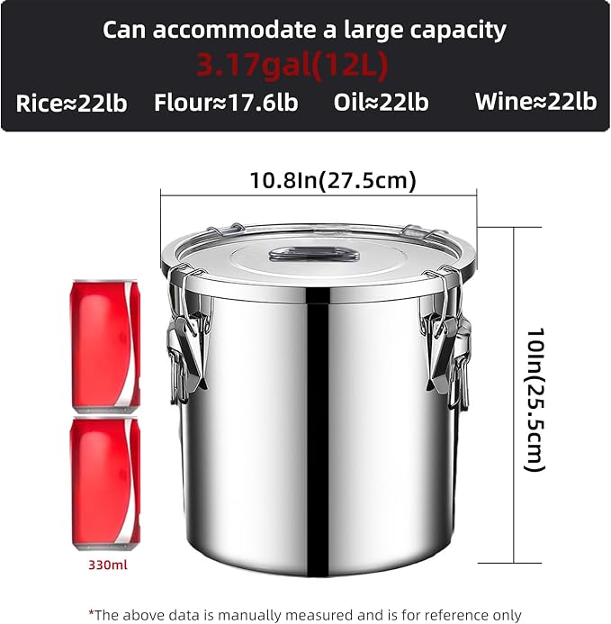 304 stainless steel food storage containers with lids lock clips airtight container large airtight for rice flour sugar grain coffee bean storage containers Kitchen jar (3.17gal/12L)