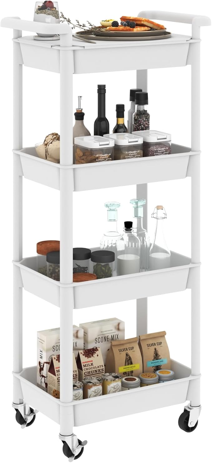 STEEHOOM 4 Tier Rolling Cart with Handle, Utility Cart with Table Top Easy Assembly Bathroom Storage Cart on Wheels for Office, Living Room, Kitchen, Craft Room, White