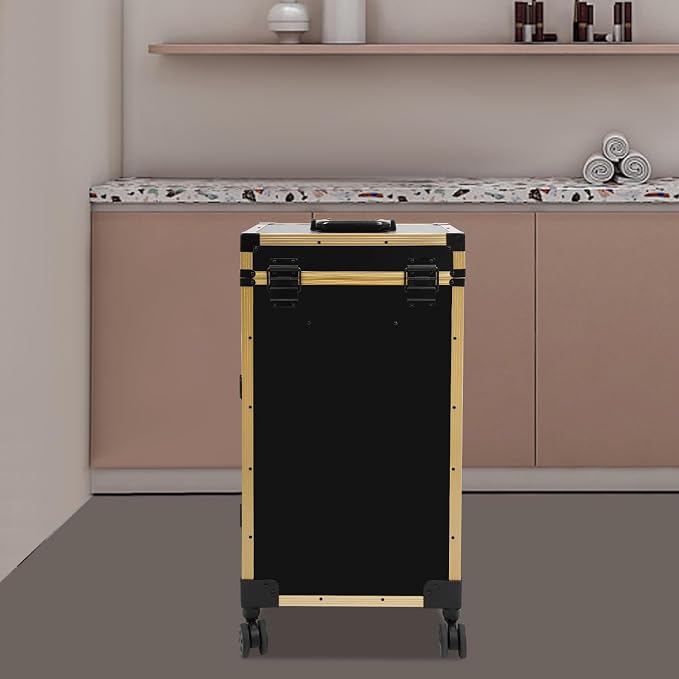 Professional Cosmetic Trolley Storage Organizer, Foldable Nail Tables Travel Cosmetic Trolley Storage Organizer w/ 4 Drawers Mirror & Speaker for Hair Stylists Pet Groomers Makeup Artists (Black Gold)