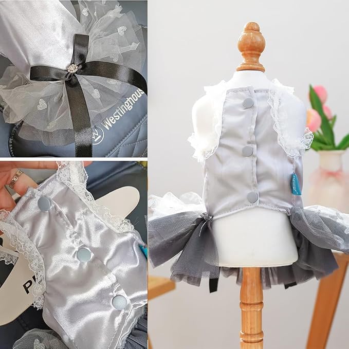 Gray Dog Tutu Dress with Bow Knot Sleeveless Puppy Clothes for Small Dogs Girl Spring Summer Cat Princess Dresses Holiday Pet Sundress Outfit (Grey, X-Large)