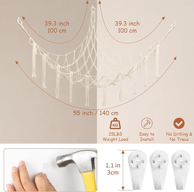 Stuffed Animal Storage Hammock Corner,55 Inch Large No Drill Toy Net,Cream | Handcrafted Natural Cotton Plushie Net,Boho Macrame Toy Hammock,Stuffed Animals Storage Display Organizer,Nursery Room Decor