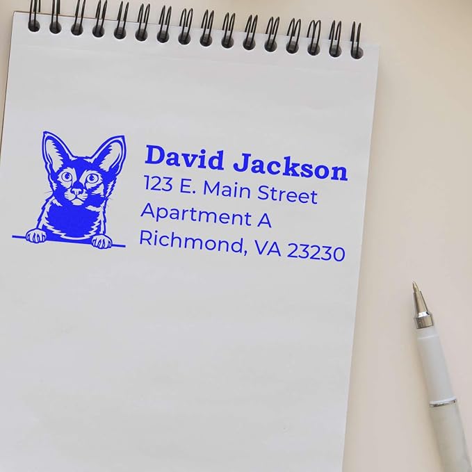 Peeking Javanese Cat Wood Handle Address Stamp - 4 Lines of Custom Text | Personalised Address Stamp for Cat Owner Gifts. Rectangular imprint. Javanese Cat Address Stamp for Envelopes.