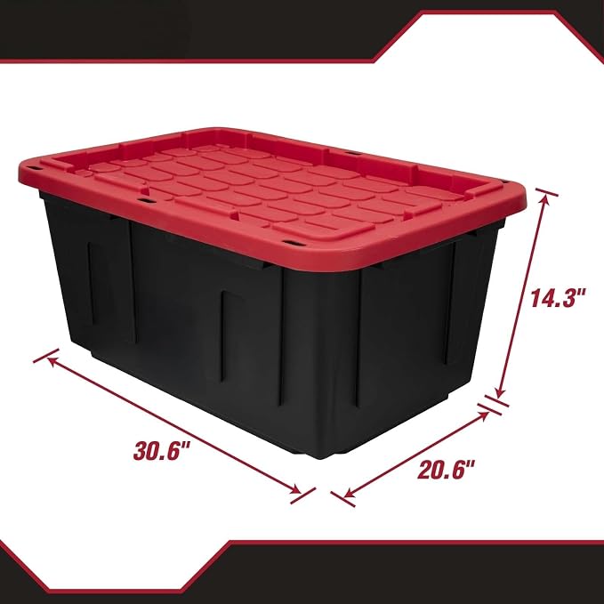 27 Gallon Heavy Duty Storage Bin with Snap Lock Lid, Large Plastic Storage Container Organizer for Garage, Basement (Black/Red)