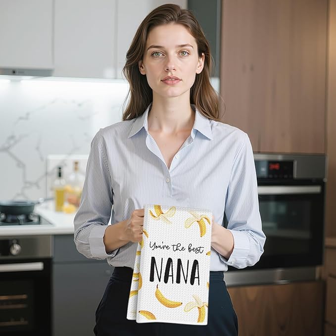 Nana Gifts Banana Kitchen Towels 24x14 Inch, Nana Gift from Grandkids Reusable Dish Towels for Kitchen Bathroom Decor, Waffle Weave Absorbent Hand Cloth Tea Towel, Grandma Gifts for Mothers Day