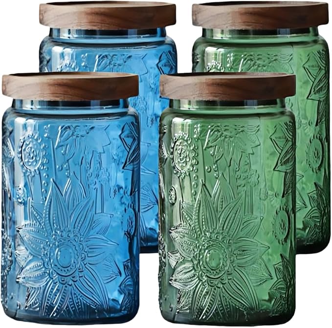 4 Pack Blue & Green Vintage Glass Jars, 34 oz Sunflower Canisters with Lids | Airtight Coffee Container, Tea Organizer, Cookie Holder, Candy Keeper, Nut Holder, Cereal Bin, Pantry Countertop Organization