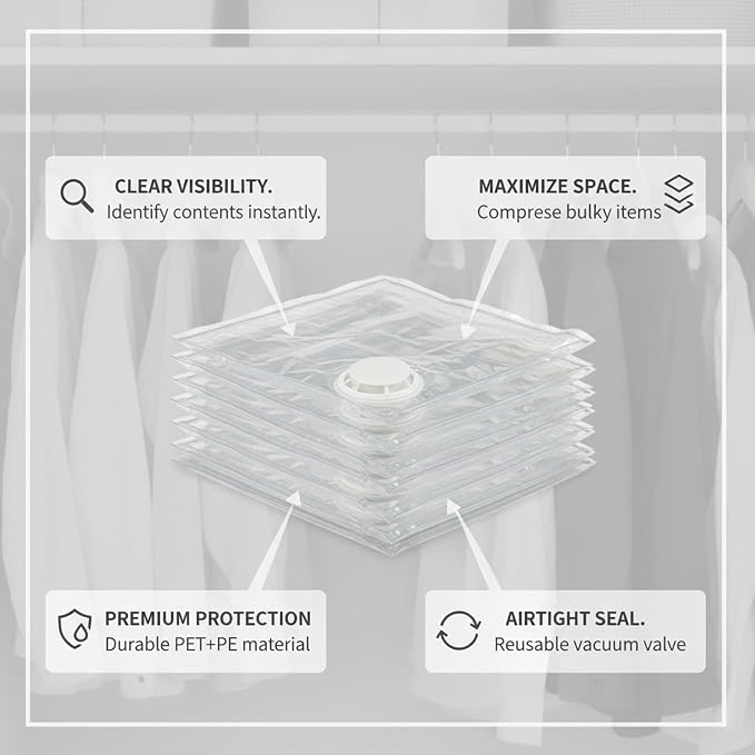 Clear Vacuum Storage Bags with Valve, Reusable Compression Saver for Bedding & Clothes, Space Saving Organizer (1 Pack)