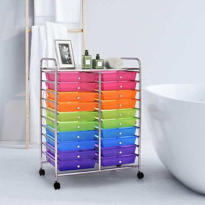 20 Drawer Rolling Storage Cart, Art Cart Organizer with Wheels for Makeup, Tool, Paper, Multipurpose Craft Storage Cart with Drawers for Office, Home, Classroom, Teacher, School (Rainbow)