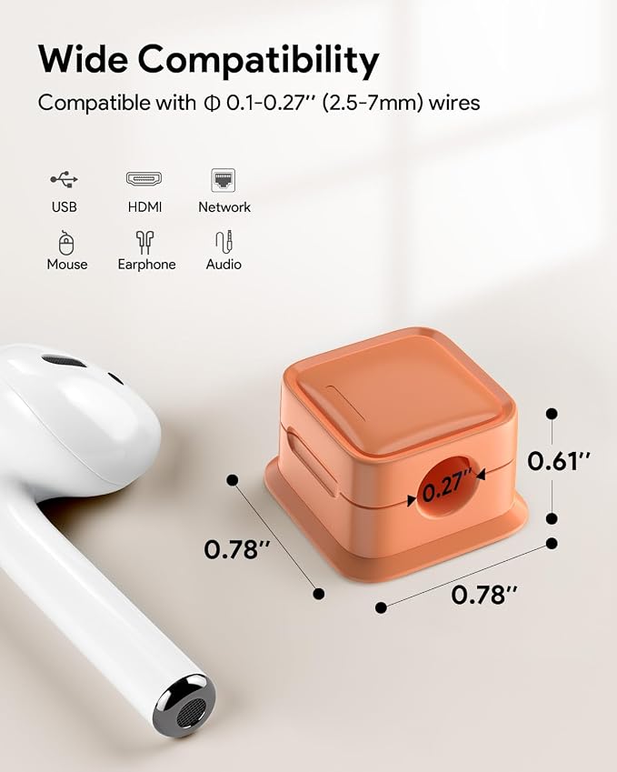 8 Pack Cord Organizer, Magnetic Cable Clips, Under Desk Management, Orange | 0.27in Cable Compatible,Strong Adheive Wire Holder Keeper,Easy Open Phone Charger Holder for Home Car Desk Nightstand Office
