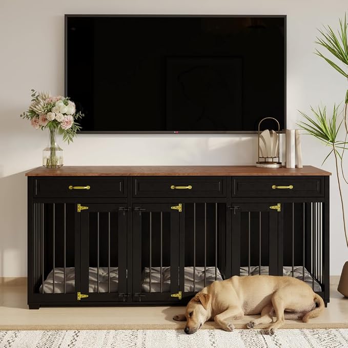 Dog Crate Furniture - Indoor Wooden Dog Kennel with 2 Dividers, 3 Drawers, and 3 Lockable Doors, 72"x23.6"x31.5"H, Black