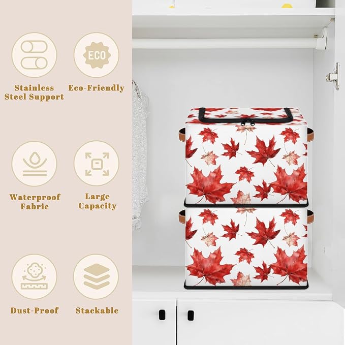 Red Maple Leaf Storage Bins With Zipper Lid, Collapsible Trunk Organizer, Car Organizers and Storage Bins with Lids, Autumn Decorative Storage Boxes with Handle, Home Storage Baskets for Organizing