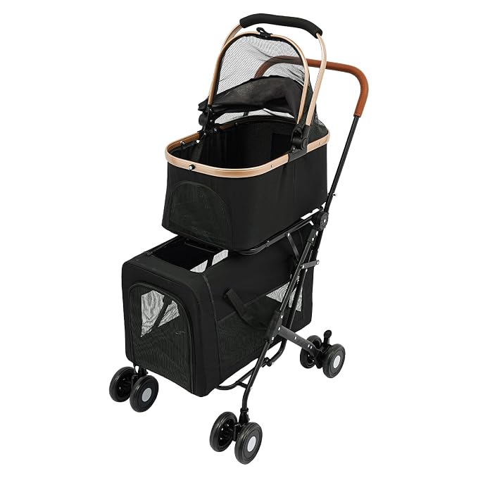 Pet Stroller, Portable Double Pet Stroller Cart with 4 Wheels, Heavy Duty Foldable Dog Cat Supplies, Multifunctional Carrying Storage Cat for Traveling with Pets, Shopping (Black)