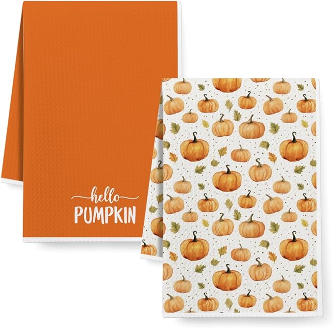 Thanksgiving Orange Pumpkin Kitchen Towels Fall Decor Gifts for Home,Hello Pumpkin,Flour Sack Dish Towels,Tea Towel Baking Cooking Drying Cloth for Kitchen,Fall Farmehouse Decoration