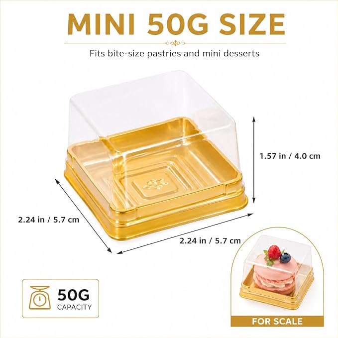 DOITOOL 100 Pcs Mini Cake Containers 2.24 Inch Mooncake Packaging Boxes | Individual cupcake containers with clear lids, gold plastic flan dessert dome for macarons muffins cookies wedding birthday
