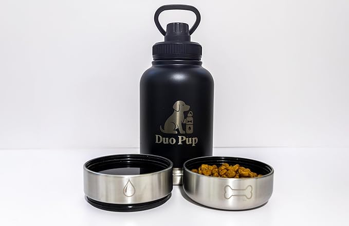 DuoPup 32oz Insulated Stainless Steel Pet Water & Food Bottle – Portable Leak-Resistant Dispenser with Two Detachable Bowls & Carrying Strap – Travel, Hiking & Outdoor Pet Hydration – White