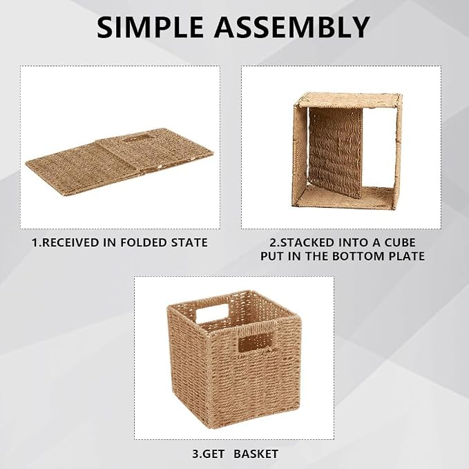6 Pack 8.7 Inch Wicker Baskets, Hand Paper Rope Storage Baskets | Foldable Cube Storage Bins Organizer Square Wicker Cubes for Shelves Pantry Organizing & Decor