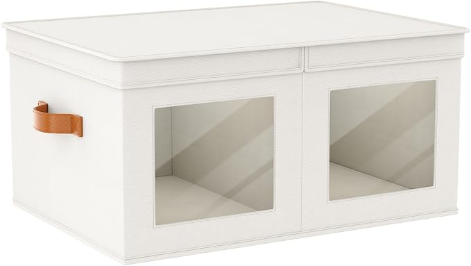 Univivi Large Fabric Storage Bins with Lids for Clothes 1 Pack, Beige | 24 x 17 x 12 In Foldable Storage Boxes with Handles, Clear Window, Closet Organizers for Home, Bedroom