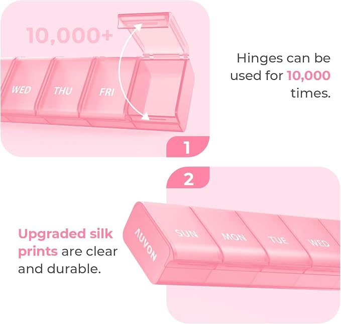AUVON Weekly Pill Organizer with Effortless Opening Design, BPA-Free | Arthritis Friendly Pill Box, Cute Pill Organizer 7 Day, Portable Pill Case for Vitamins, Supplements and Medications, Pink