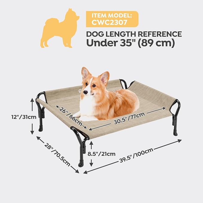Veehoo Medium Elevated Dog Bed, Guardrail, Non-Slip, Teslin Mesh, 35"L x 26"W x 11"H, Beige Coffee | Washable Dog Couch Bed for Indoor & Outdoor, Durable Breathable Teslin Mesh, Non-Slip Feet, Medium, 39.5" x 28", Beige Coffee