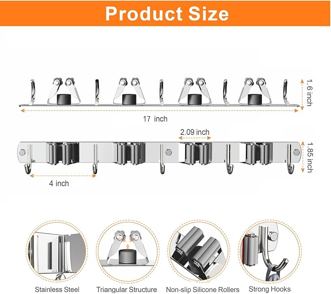 CUXIXA 2 Pack Mop and Broom Holder Wall Mount, Non-slip Broom Hanger Wall Mount, Heavy Duty Mop Broom Organizer for Kitchen Garden Garage Laundry Room Wall Decor Organization and Storage Silver 4R5H