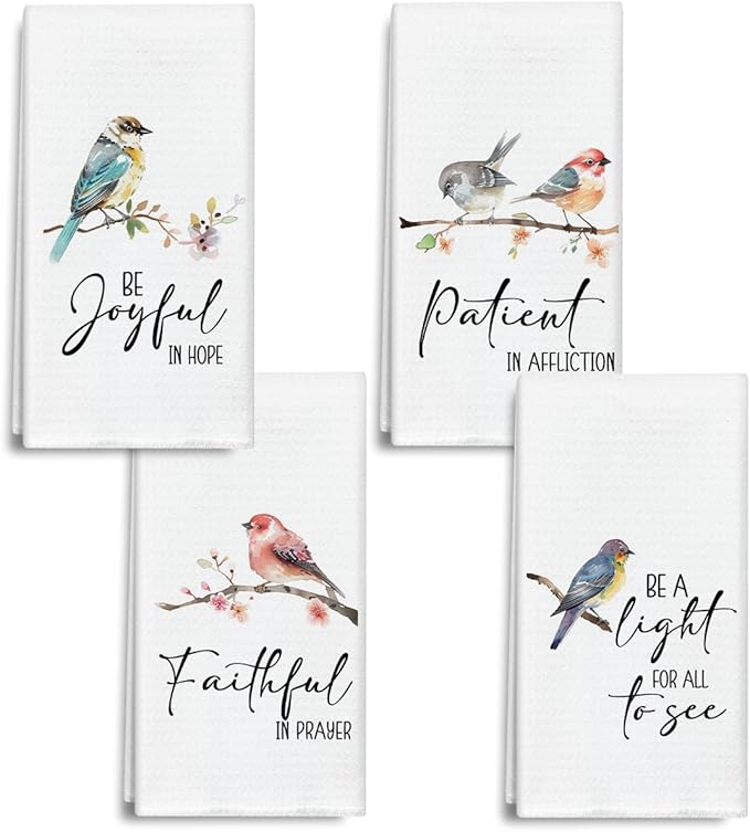 Christian Birds Kitchen Towels and Dishcloths Set of 4, Faithful in Prayer Decorative Hand Towel Drying Cloth for Bathroom Baking, Housewarming Gift for Hostess, Women, 16x24 Inches -03