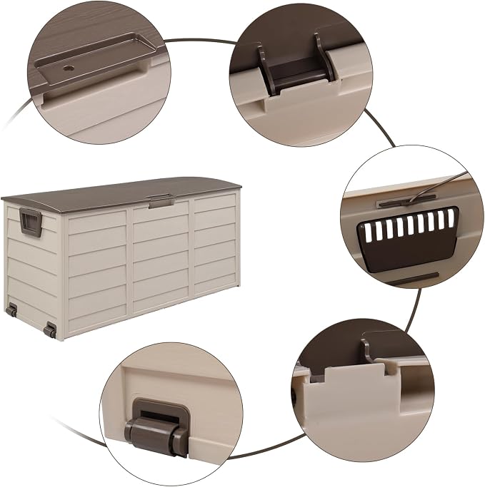 75 Gallon Brown Outdoor Storage Box with Wheels, Waterproof Resin Deck Box for Patio Cushions & Garden Tools, Rolling Garden Storage Bin, Weather Resistant Trunk