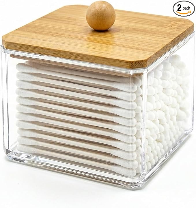 SheeChung Square Acrylic Qtip Holder with Bamboo Lid, Set of 1 Bathroom | Qtip Holder for Bathroom, Clear Apothecary Jar for Cotton Balls, Beauty Pads, Hair Ties, Boho Vanity Decor & Organizer