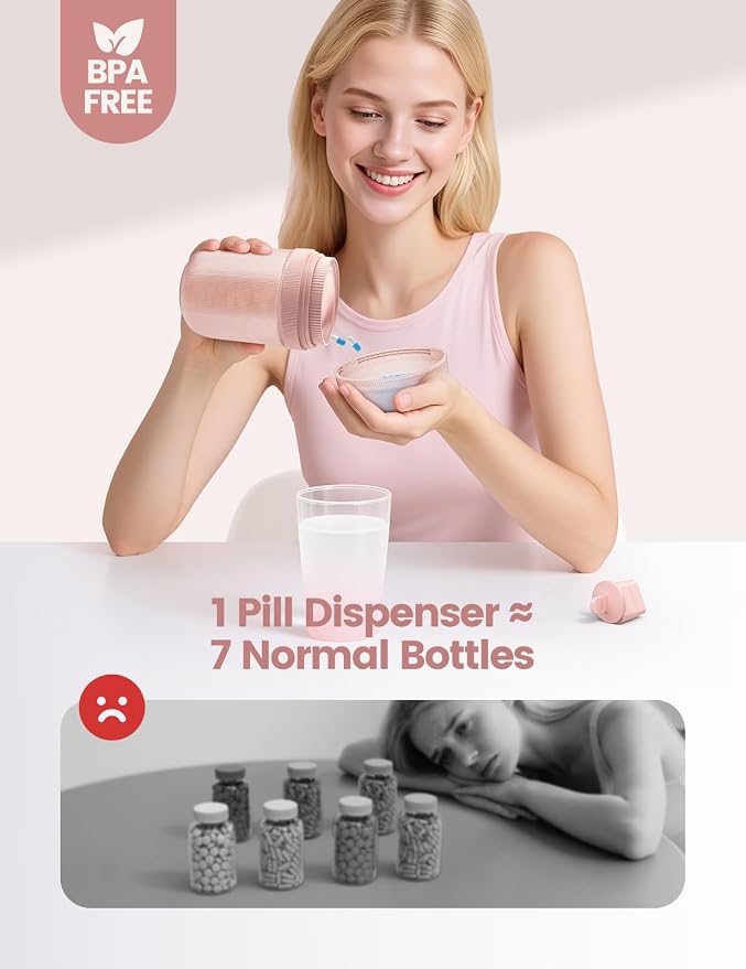 Large Pill Organizer with Desiccant, 7-Compartment Pill Bottle | Light-Proof, Moisture-Proof, Anti-Mixing, Touch-Free Pill Dispenser, Sealed BPA-Free Vitamin Organizer with Handle, Pink
