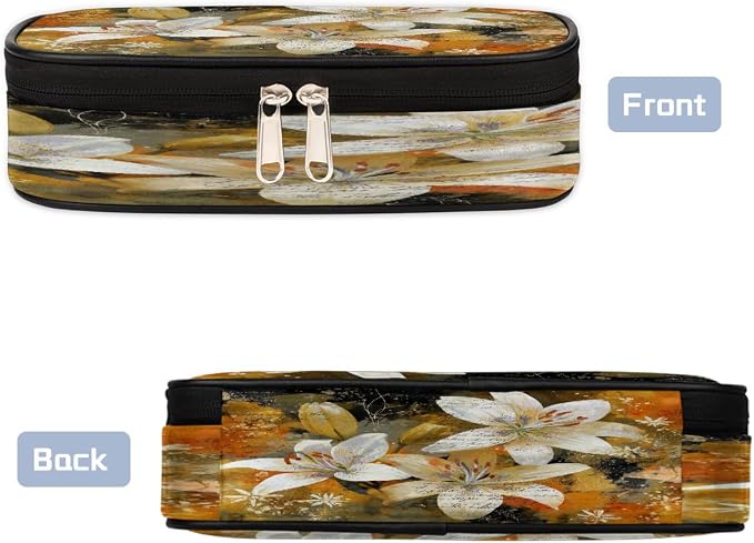 Vintage White Flower Pencil Case Pouch, Big Capacity Waterproof Pen Bag for Students Teens Adults, Large Storage Organizer for Stationery