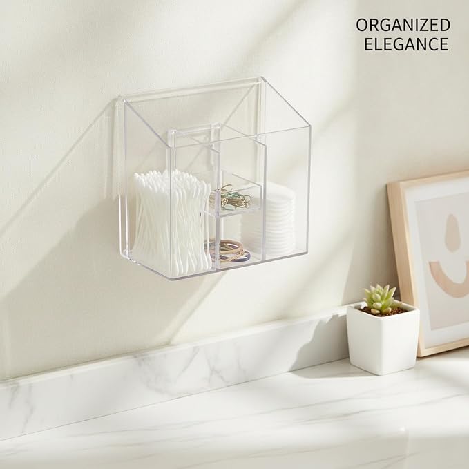 Clear Rectangular Wall-Mounted Organizer with Dividers, Transparent PET Bathroom Canister for Cotton Pads and Cotton Swabs, Space-Saving Vanity Storage Box (1 Pack)